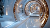 Futuristic white tunnel with circular golden arches stretching into infinity, creating a modern sci-fi corridor with reflective surfaces and ambient lighting.