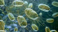 Microscopic bacteria cells with flagella swimming in liquid medium for medical research and microbiology education purposes.