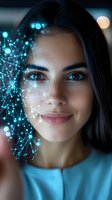 Young woman with glowing network pattern overlay on face representing artificial intelligence and facial recognition technology in blue tones.