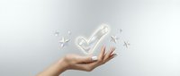 Hand presenting glowing checkmark symbol with sparkling stars above palm against clean background for business success and achievement concepts.