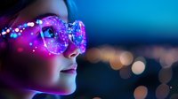 Young Asian woman wearing illuminated glasses with neon purple and blue lights reflecting on face against blurred city nightscape background with bokeh effects.