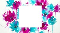 Watercolor floral frame with vibrant pink and turquoise flowers surrounding blank white space for text or design elements on transparent background.