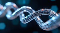 Glowing digital DNA strand with binary code pattern on dark background represents genetic research and biotechnology advancement in medicine.