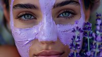 Young woman with purple clay face mask and bright blue eyes among lavender flowers, natural skincare and wellness concept for spa and beauty treatments.