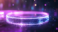 Glowing neon ring with sparkling particles and light effects on dark background, purple and blue luminous circular trail with bokeh and magical atmosphere.