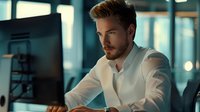 Young professional businessman in white shirt working late at modern office, focused on computer screen in corporate environment with blue evening lighting.