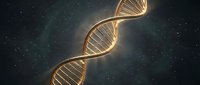 Golden DNA double helix structure floating in dark space with glowing molecular bonds and scientific particles for genetics research and biotechnology.