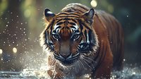 Majestic Bengal tiger splashing through water with intense gaze, droplets sparkling in sunlight against dark background, creating dramatic wildlife scene.