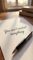 Handwritten motivational quote on white paper with pen beside it on wooden desk near window for mindfulness and personal development content.