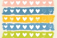 Colorful horizontal stripes with white heart pattern in distressed style. Pastel pink, blue, yellow and green bands create cheerful romantic background for cards and decor.