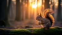 Red squirrel sitting on mossy log in forest during golden hour sunset with warm sunlight filtering through trees creating magical woodland atmosphere.