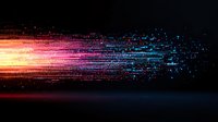 Glowing digital particles flow from orange to pink and blue creating dynamic light trail effect against dark background, modern tech concept for presentations.