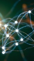 Abstract neural network connections with glowing nodes and flowing data streams on dark background for technology and artificial intelligence concepts.