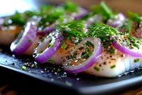 Fresh scallops garnished with purple onion rings, dill, and black pepper on dark plate, macro food photography showing texture and seasoning details.