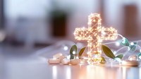 Glowing decorative cross with warm fairy lights surrounded by delicate green leaves and white candles on light surface, creating spiritual atmosphere.