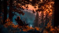 Person sitting in camping chair watching sunset through pine forest with mountain silhouettes in background during golden hour outdoor adventure.