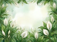 Watercolor floral frame with white calla lilies and lush green leaves on soft sage background, copy space in center for text or design.