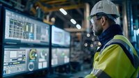 Male engineer in hard hat and safety vest monitoring control screens in industrial facility with digital displays showing operational data.