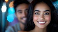 Young Asian woman with bright smile and glowing skin against blurred bokeh background with male figure in soft focus. Natural beauty and happiness concept.