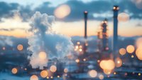 Industrial refinery silhouettes against dramatic sunset sky with steam clouds and bokeh light effects creating atmospheric urban landscape at dusk.