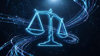 Glowing blue digital scales of justice with flowing light trails on dark tech background for legal technology and cyber law concepts.