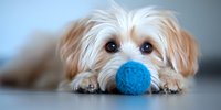 Adorable Havanese puppy lying down with bright blue rubber ball toy, looking at camera with expressive eyes. For pet care, veterinary, or animal companionship concepts.
