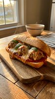 Crispy submarine sandwich with melted cheese, caramelized onions, and fresh basil on wooden serving board in bright kitchen with window light.