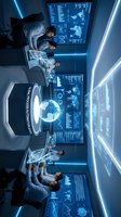 Team of diverse professionals analyzing global data in futuristic command center with holographic Earth display and advanced digital interfaces for strategic planning.
