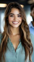 Young Hispanic businesswoman with long wavy brown hair smiling confidently in modern office environment wearing professional mint green blouse.