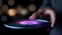 Glowing pink and blue spiral light effect on dark background with hand touching futuristic holographic display, magical sparkles and bokeh elements.