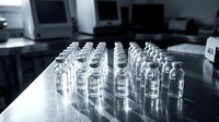Empty glass vials arranged in rows on laboratory table in pharmaceutical research facility for medical testing and drug development applications.