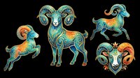 Ornate Aries ram set with decorative patterns in teal, gold, and orange, isolated on transparent background. Great for zodiac clipart, stickers, t-shirt design, and print on demand.