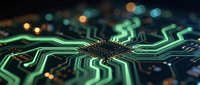 Close-up of glowing green circuit board pathways with bokeh lights, representing digital technology, data flow, and electronic connectivity for tech backgrounds.