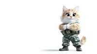 Funny cartoon cat character in military camouflage uniform standing with crossed arms on white isolated background, ready for animation and design.