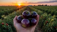 Fresh ripe purple tomatoes held in farmer's hand at sunset in organic vegetable garden with golden light streaming through agricultural field rows.