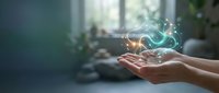 Hands cupping glowing magical energy with sparkling light effects in modern interior setting for fantasy and spiritual wellness concepts.