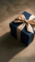 Elegant navy blue gift box with golden satin ribbon bow on warm brown background for special occasions and celebrations.