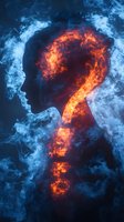 Fiery question mark silhouette emerging through mystical blue smoke creates dramatic contrast between hot and cold elements, symbolizing uncertainty and mystery.