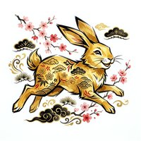 Golden rabbit with ornamental patterns and pink cherry blossoms, isolated on white background. Suitable for t-shirt designs, wall art, and decorative clipart applications.
