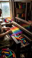Senior craftsman weaving vibrant rainbow textile on traditional wooden loom in rustic workshop filled with colorful thread spools and artisan tools.