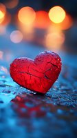 Red heart with water drops on blue surface against blurred bokeh lights background, romantic mood with dramatic lighting and reflections. Perfect for Valentine's Day.