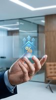 Businessman hand displaying holographic house icon with percentage symbol and upward arrows representing real estate growth and mortgage rates.