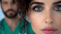Close up portrait of young woman with striking blue eyes and pink lipstick, with bearded man in green shirt blurred in background. Soft natural lighting enhances facial features.