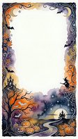 Watercolor Halloween frame with witch, bats, pumpkins, haunted castle, and full moon, featuring a blank center for text or photo.