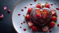Heart shaped chocolate dessert with fresh strawberries and powdered sugar on dark plate. Romantic food styling for Valentine's day celebration or anniversary.