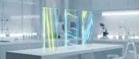Futuristic holographic LED letters glowing in modern laboratory setting with clean white surfaces and advanced technology equipment for digital innovation concepts.