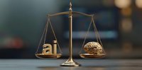 Golden brass scales of justice balancing AI letters against human brain on wooden surface with blurred background for legal technology concepts.