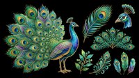 Colorful peacock clipart set with feathers and floral elements, isolated on transparent background, ready for t-shirts, stickers, sublimation, and print on demand projects.