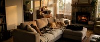 Cozy living room interior with comfortable sectional sofa, warm fireplace glow, and relaxed home atmosphere for lifestyle and interior design concepts.