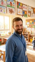 Smiling male teacher in blue shirt standing in colorful elementary classroom with children's artwork displayed on walls during school day.